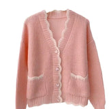 Long-Sleeved Knitted Cardigan V-Collar Warm Soft Style Design Feeling First Love Blouse Female Pink Soft Waxy Coat Autumn-Outfit