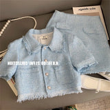 Tweed Skirt Suit 2023 New Fashion Two Piece Set Women Crop Top Wrap And Hip Plaid Mini Skirts Tassel Outfits Summer