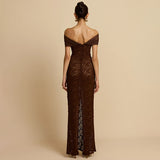 Fongt Women's Autumn New Word-On-A-Shoulder Perspective Sexy Lace Open-Fork Body-Body-To-Ssing Dress Woman