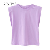 Women fashion solid color shoulder pad casual T-shirts female basic o neck sleeveless knitted T shirt chic leisure tops