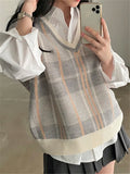 2022 New Sleeveless Vest Waistcoat Checkered Oversized Winter Spring Women Sweaters Pullovers Knitwear Tops