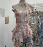Fongt Shooting Retro Tie-Dye-Print Mesh Sling Sling Sling Vest Irregular Lotus Leaf Edge Ribbon Sleeveless Top 1185