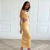 Ribbed O Neck Sexy Cut Out Sleeveless Midi Dress Knit Backless Elegant Bodycon Dresses 2021 Fall Party Club White Trim UK