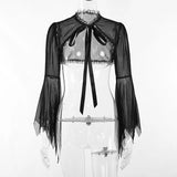 Dark Style Short-Style Perspective Blouse Women's Lace Spliced Tie-Up Burnt Cuff Blouse From Stock-Outfit