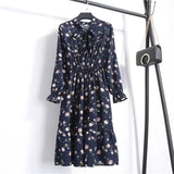 Floral Printed Chiffon Shirt Long Sleeve Bow Midi