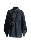 Fongt Denim Jacket 2025 Fall Fashion Casual Denim Waist Chain White Commuting Long Sleeves Cowboy