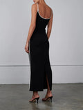 Women Sleeveless Strap Long Dress Black Patchwork V-neck Low Cut Slim Summer Party Back Split Dresses Female Vestidos-Outfit