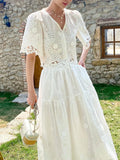 Fongt Three-Dimensional Flower Embroidery French Small Fragrant Suit Women's Short-Sleeved White Top Skirt Suit Shenzhen South Oil Women's