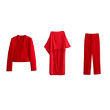 Fongt Collarless Short Suit Jacket Asymmetric Cloak Shirt High-Rise Straight Trousers Suit Woman