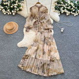 Fongt Temperament Two Sets Of Female High-Grade Style Straps To The Waist Lantern Sleeve Print Chiffon Top + High Waist Skirt