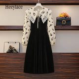 Women French Vintage Patchwork Dresses Office Ladies Elegant Dresses Spring Long Sleeve Peter Pan Collar Long