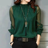 Fongt Spring And Summer New Lace Chiffon Coat Large Size Women's Mesh Yarn Leaf Side Long-Sleeved Bottom Shirt Shirt