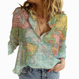 Fongt Women's Clothing 2025 Summer New Shirt Fashion Map Depicts Printed Long-Sleeved Top Women