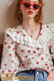 Style Spring Summer Floral Top Loose V-neck Casual Long Sleeve Women White Shirts Elegant Blouses