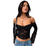 Fongt 2025 Women's New Fashion Sexy Hot Babes Lace Word Long-Sleeved Short Top