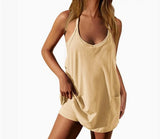 Fongt Summer Solid Sleeveless Dress Fine Shoulder Strap Vest Skirt Sports Skirt Pocket