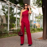 Fongt 2024 New Solid Color Diagonal Collar Stripe Elastic Slim Knit Sweater Pants Suit Women-Outfit