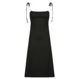 Fongt New Black Slip Dress Women's Side Waist Small Draw Pleated Waist Show Thin