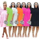 Dress High Waist Retro Pleated Puff Sleeve Loose Women's