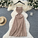 Fongt Dress Women 2025 New Gentle Wind Temperament Slings Waists Thin Vertical Knitted Dress Inside The Long Skirt