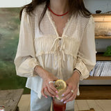 Vintage V-Neck Mesh Tie Bow Long Sleeve Blouse-Outfit