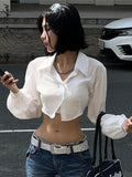 Blouse Hollow Out Crop Top Y2K Clothes Long Sleeve Top Autumn Spring Solid Turn Down Collar Streetwear Button Up