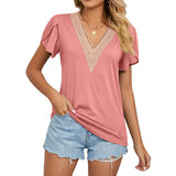 2023 New Gold Lace Lady V-Neck Tile Short Sleeve Solid Color T-Shirt Top-Outfit