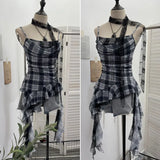 Fongt Lattice Splicing Lace Ribbon Ribbon Swing Tie Sling Sling Vest Irregular Lotus Leaf Side Hottie Top 8078