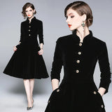 Women Autumn & Winter Elegant Velvet Dress Festa High Quality Vintage Party Robe Femme A-Line Designer Black