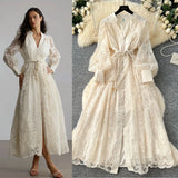 Fongt High-End Women's Dress 2025 Spring Collection Heavy Industry Embroidery V Neck Lantern Sleeve Single Row Buckle Long Skirt