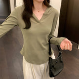 Basic Style Threaded Hooded Top Women's Autumn And Winter New Slim Short-Sleeved T-Shirt-Outfit