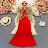 Cheongsam Dresses for Women Fashion Gauze Embroidery Evening Dress Elegant Long Sleeved Vestidos Split Long Robe