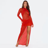Fongt Women's Sexy Cross-Sling Perspective Mesh New Red Collar Body-Body-Gendered-In-Sight Dress Woman
