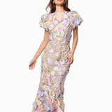 Fongt 2025 New Light Luxury Collar Embroidered Three-Dimensional Flower Bubble Sleeve Long Dress Bag Hip