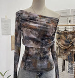 Fongt Tie-Dye-Print Mesh Folded Long-Sleeved T-Shirt With A Word-Collar Slanted Shoulder-To-Back Short Top 1183