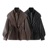 Fongt Summer New Fashion Temperament Fake Two Long Lantern Sleeve PU Leather Coat Woman