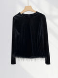 Fongt Pull Full Feather Decorative Atmosphere Top Early Spring New Black Velvet French Long-Sleeve T-Shirt-Outfit
