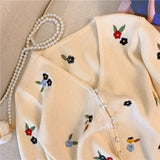 Spring Autumn White Sweet Pink Flower Embroidery Women Cute Knitted Cardigan V-neck Tops Chic Single-breasted