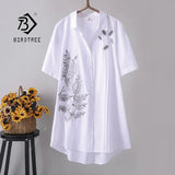 Arrival Women Leaf Embroidery Long Cotton White Blouse Summer Short Sleeve White Female Shirt Turn-Down Collar Top