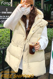 Sleeveless Women's Vest Zipper Hooded Padded Puff Jacket Overcoat Solid Color Loose Drawstring Waistcoat Cotton Vest