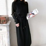 New 2020 Autumn Winter Women Dresses Turtleneck Drawstring Oversize Korean Split Knitted Elegant Long Dresses