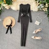 Fongt Women's Autumn And Winter 2025 New Korean Version Of Simple Solid Color Long Sleeves Tight Waist Thin Knit Long Dress