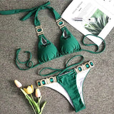 Rhinestones Bikini 2022 Women Solid Green Push Up Glitter Diamond 2 Piece Swimsuit Bathing Suit Chain Metal Thong
