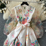 Fongt 2025 Court Wind V Tie Belt Belt Belt Belt Lantern Sleeve Print Thin Long Dress