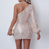 Fongt New Beads Short-Sleeved One-Shoulder Squin Dress With Sexy Evening Dress