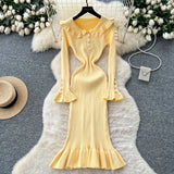 Fongt Retro Doll Collar Horn Sleeve Dress Women Autumn Waist Thin Temperament Knitted Dress