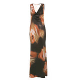 Fongt Summer Women's New Retro Temperament Collar Color Print High-Waisted Long Dress