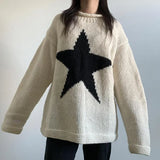 Fongt And Winter Five-Pointed Star Contrast Color Sweater Female Y2K Round Collar Loose Knit Top Female 806-Outfit