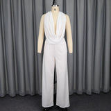 Fongt Hanging Neck Deep V Blouse Temperament Fashion Pure White Broad Leg Pants Two-Piece Set