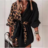 Fongt Women's Wear Commuter Print Color Stitching Leopard Print Lace Middle Sleeve Shirt
